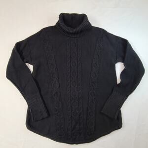 L.L Bean Black Cable Knit Turtleneck Sweater Cotton Scoop Hem Fisherman Large